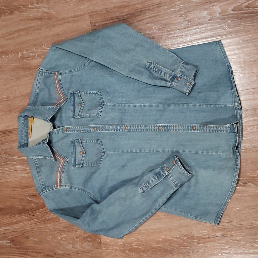 (L) Wrangler Denim Shirt Rodeo Cowgirl Embroidered Classic Western Farmhouse